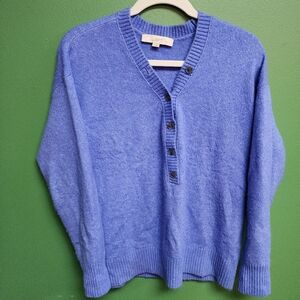 LOFT Blue V-Neck Button Sweater Medium Soft Knit Pullover